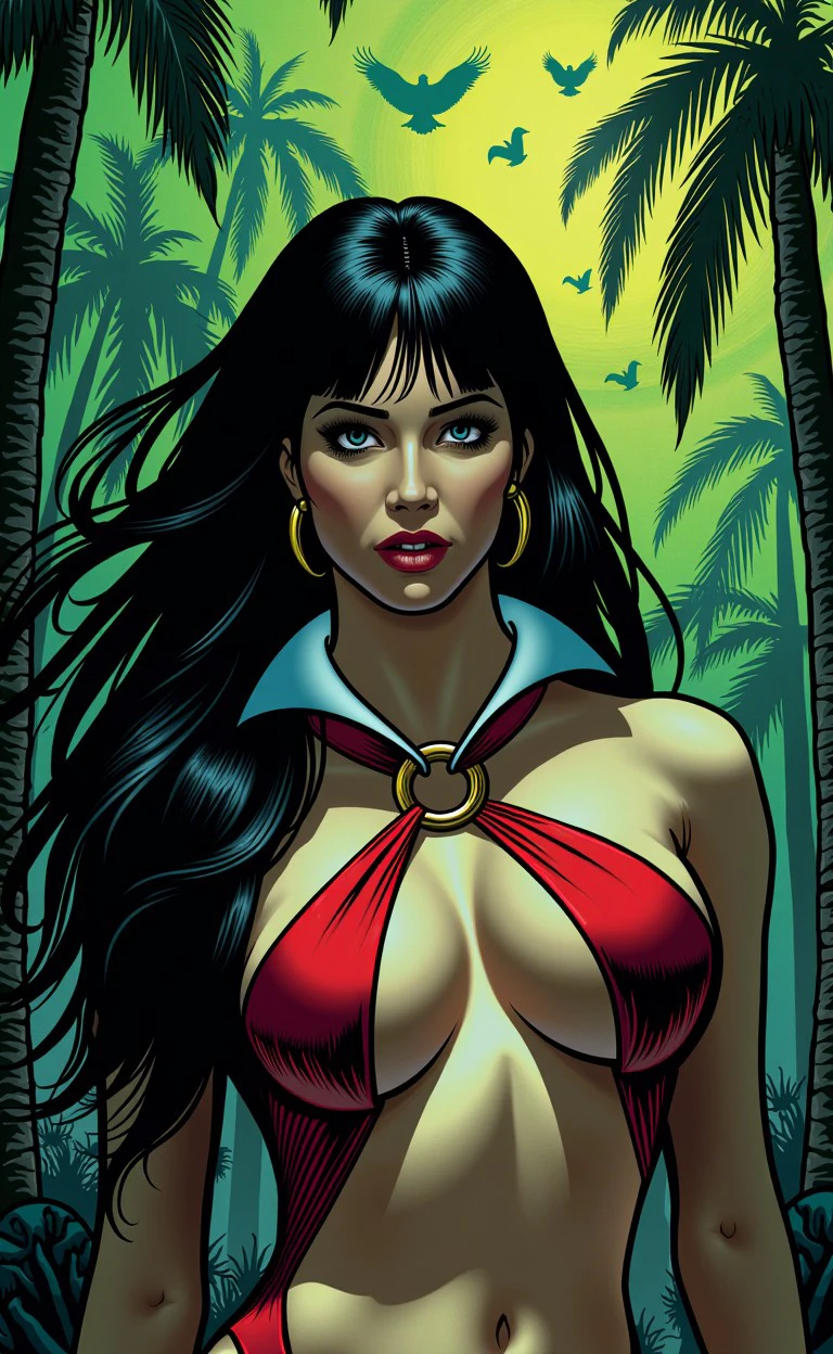 face closeup of viperala woman <lora:flux_halloween_s11_vampirella_viperala_woman:1.0>, modest, illustration,  spooky,  Rainforest canopy and birds-eye view at background background