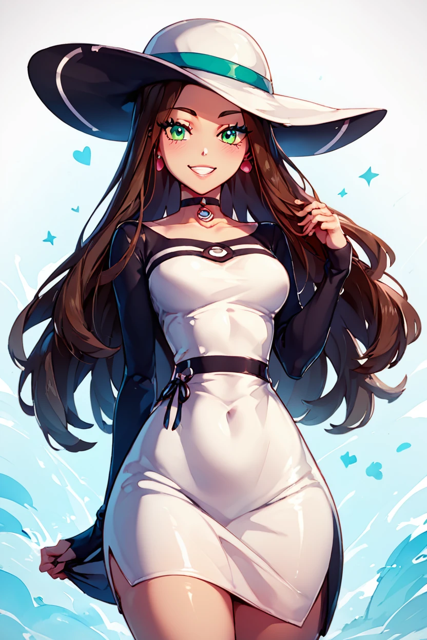 score_9, score_8_up, score_8, medium breasts, (curvy), cute, eyelashes,       ,,, , ,,,  zzBeauty, brown hair, long hair, green eyes, earrings, large breasts, white sun hat, white dress,<lora:Beauty_Pokemon_PDXL:0.8>, ,,,, BREAK, smile, looking at viewer, ,,, abstract background, white outline, cowboy shot, ,,, embedding:zPDXL, Expressiveh, ,,, <lora:CatalystStylePDXL:0.6>, <lora:SDXLFaeTastic2400:0.5>, <lora:Expressive_H-000001:0.4>,