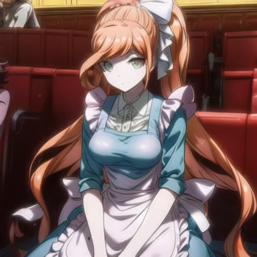 solo, <lora:add_detail:1>, <lora:goodhands:0.7>, <lora:Chisa_Yukizome_SD15:1>, Chisa Yukizome, screencap from the anime Danganronpa 3,  long orangish brown hair, ponytail, light pink scrunchie, green eyes, chisa despair arc uniform, ((blue dress)), ((white apron)), skirt, pink ribbon, jacket, formal, suit, apron, maid apron, white undershirt, white frill, ((((white ruffled pinafore apron)))), (((movie theater))), ((sitting in a movie theater watching a movie))), red chairs