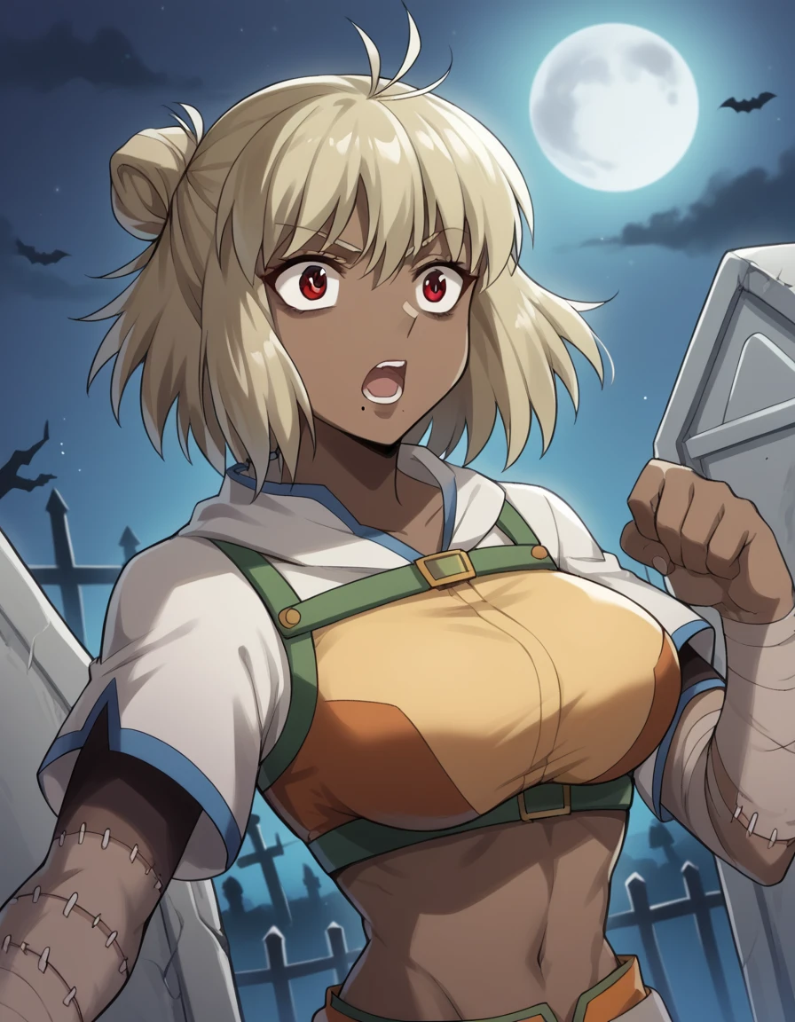 score_9, score_8_up, score_7_up, source_anime, <lora:ragnarok-judia-s1-ponyxl-lora-nochekaiser:1>, ragnarok judia, short hair, bangs, blonde hair, red eyes, dark skin, hair bun, dark-skinned female, antenna hair, mole, mole under mouth, large breasts,, <lora:zombie-ponyxl-lora-nochekaiser:1>, zombie, colored skin, stitches, grey skin, multicolored skin, stitched face, zombie pose, halloween, halloween costume,, night, moon, graveyard, tombstone, grave, open mouth, , dutch angle, cowboy shot