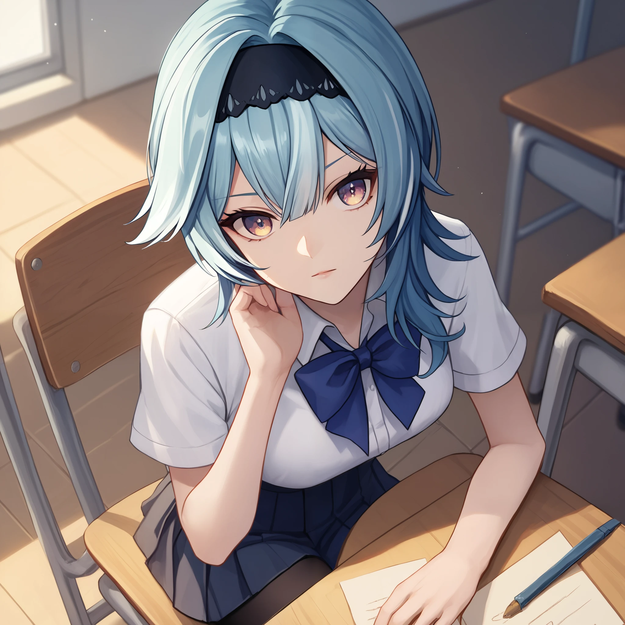 score_9, score_8_up, score_7_up, score_6_up, score_5_up, score_4_up, BREAK source_anime, look at viewer, rating_safe,  1girl, solo, masterpiece, best quality,  eula \(genshin impact\), medium hair, blue hair, gradient eyes, yellow eyes,   school uniform, collared shirt, white shirt, pleated skirt, black pantyhose, short sleeves, classroom, indoors, bow, sitting, chair, crossed legs,