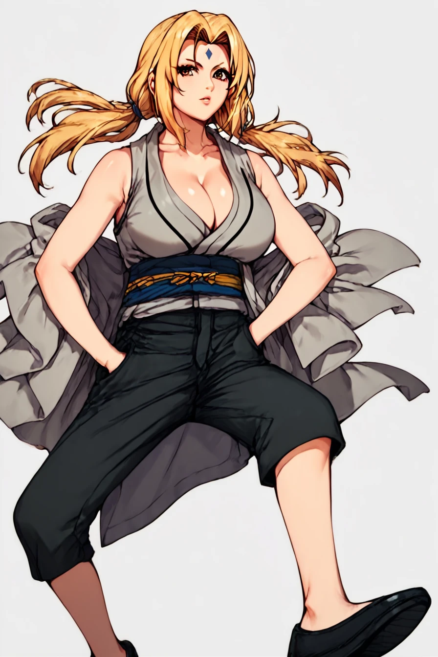 score_9, score_8_up, score_7_up, score_6_up, score_5_up, score_4_up ,  <lora:tsunade-s2-ponyxl-lora-nochekaiser:0.8> , tsunade, blonde hair, yellow hair, facial mark, forehead mark, long hair, makeup, mature female, brown eyes, parted bangs, twintails, low twintails, large breasts,cleavage, bare shoulders, collarbone, japanese clothes, sleeveless, pants, kimono, sash, bare arms, grey kimono, <lora:doflamingo_walk_pony:1>, hand in pocket, leading leg posture, swaggering stride, standing on one leg, black shoes, masterpiece, highres, white background, simple background