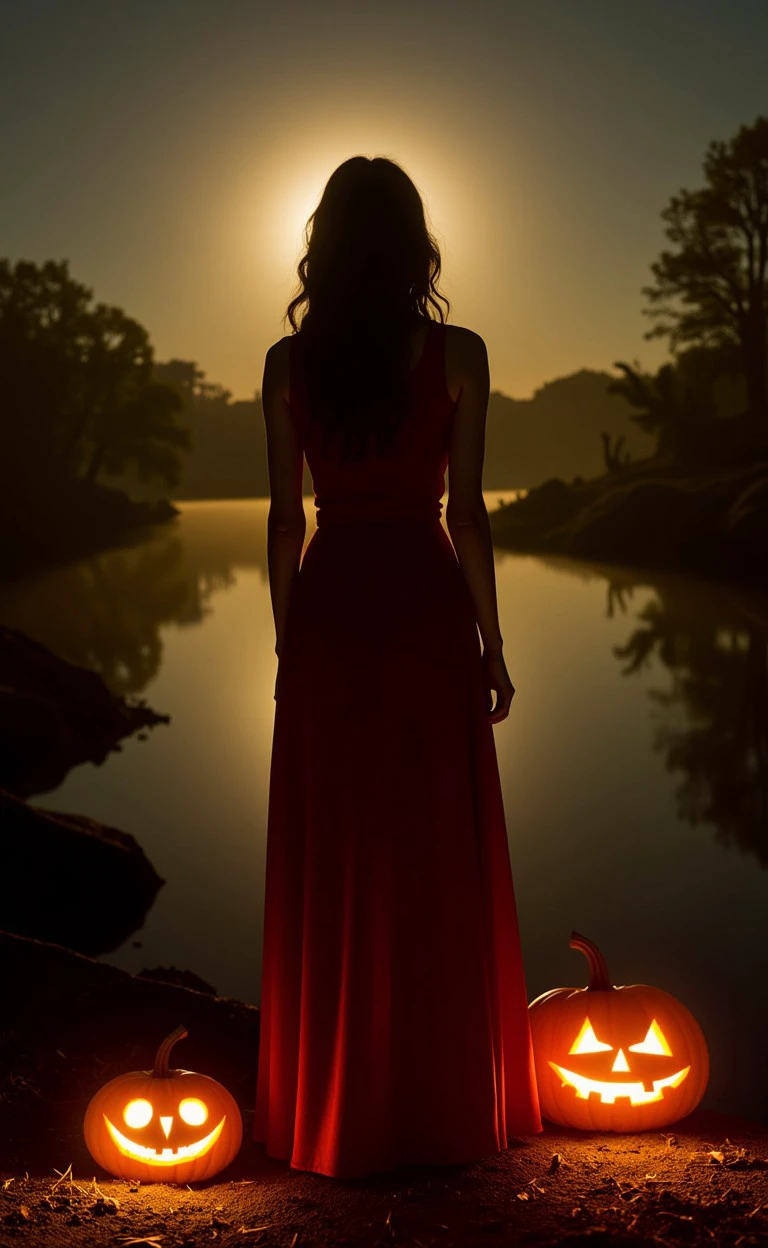 halcriply style, pumpkins, dark. Marty McFly, pumpkins Halloween theme A woman standing at the edge of a quiet riverbank, her long dress trailing behind her, with the soft glow of the setting sun reflecting off the water. 
<lora:flux_halloween_s06_creepy_pumpkins_halcriply_style:1.1>