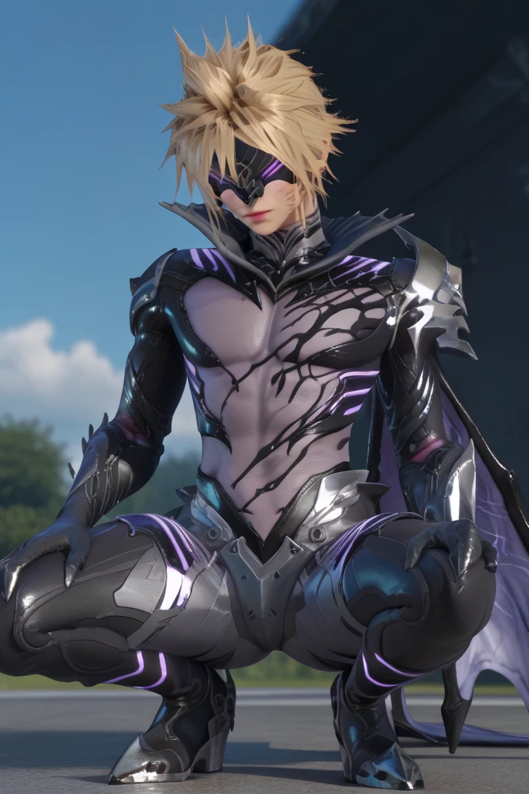 score_9, score_8_up, score_7_up, score_6_up, score_5_up, score_4_up
cloud_baha, blonde hair, mask, bodysuit, black armor, gloves, boots, 1boy, solo, male focus, squatting, 3d, cape