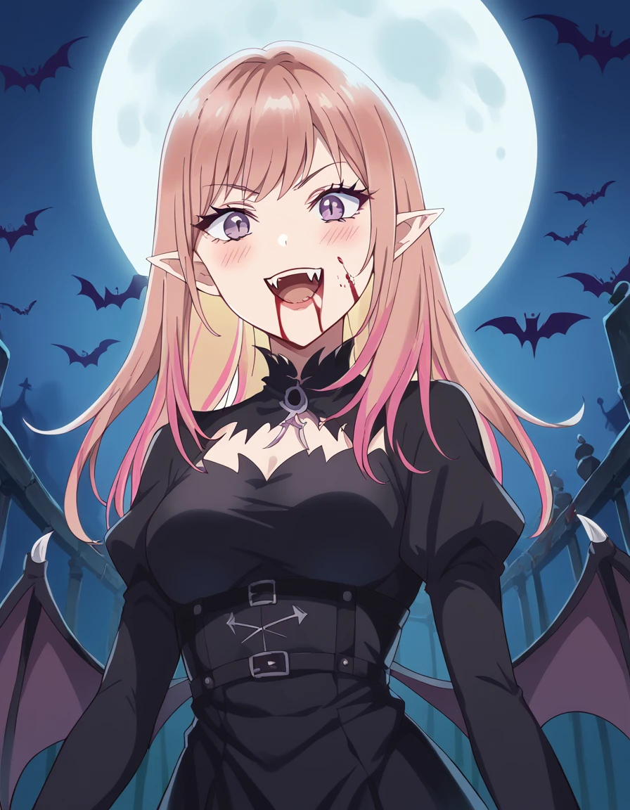 score_9, score_8_up, score_7_up, source_anime, <lora:nikoru-yamana-s1-ponyxl-lora-nochekaiser:1>, nikoru yamana, long hair, bangs, purple eyes, pink hair, multicolored hair, two-tone hair, streaked hair, makeup, medium breasts, <lora:vampire-ponyxl-lora-nochekaiser:1>, vampire, red eyes, pointy ears, fangs, black dress, wings, blood, blood on face, blood on mouth, bat (animal), halloween, halloween costume, upper teeth only, night, moon, blush, smile, open mouth, , dutch angle, cowboy shot