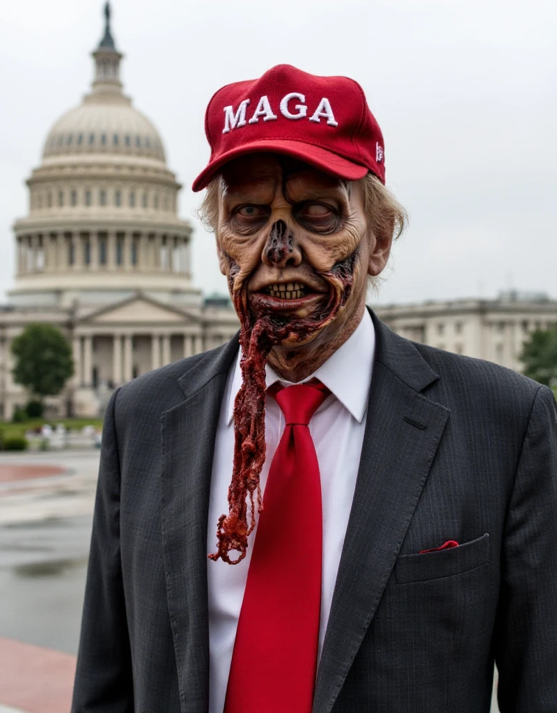 Donald Trump is a zombie wearing a red baseball cap with the text "MAGA" and wears a suit with a very long red tie. He stands in front of the capitol <lora:Zombie:0.9>