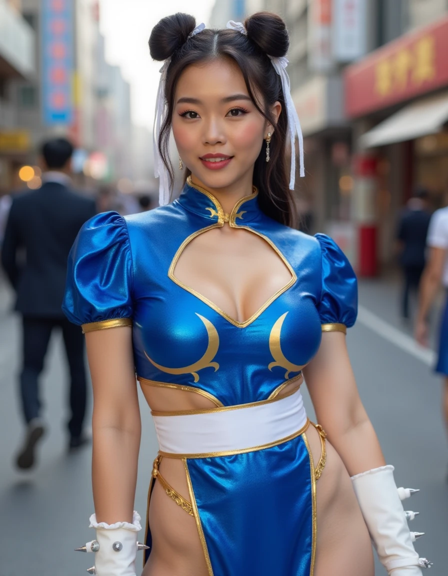 in the tokyo streets
 <lora:Chun_Li_-_Battle_Outfit:1>  chunli outfit, shiny blue outfit, cleavage, dress, white boots, sash, jewelry, pelvic curtain, spiked bracelet, hair bun, double bun, china dress, bun cover, chinese clothes, short puffy sleeves, pelvis side cuts,