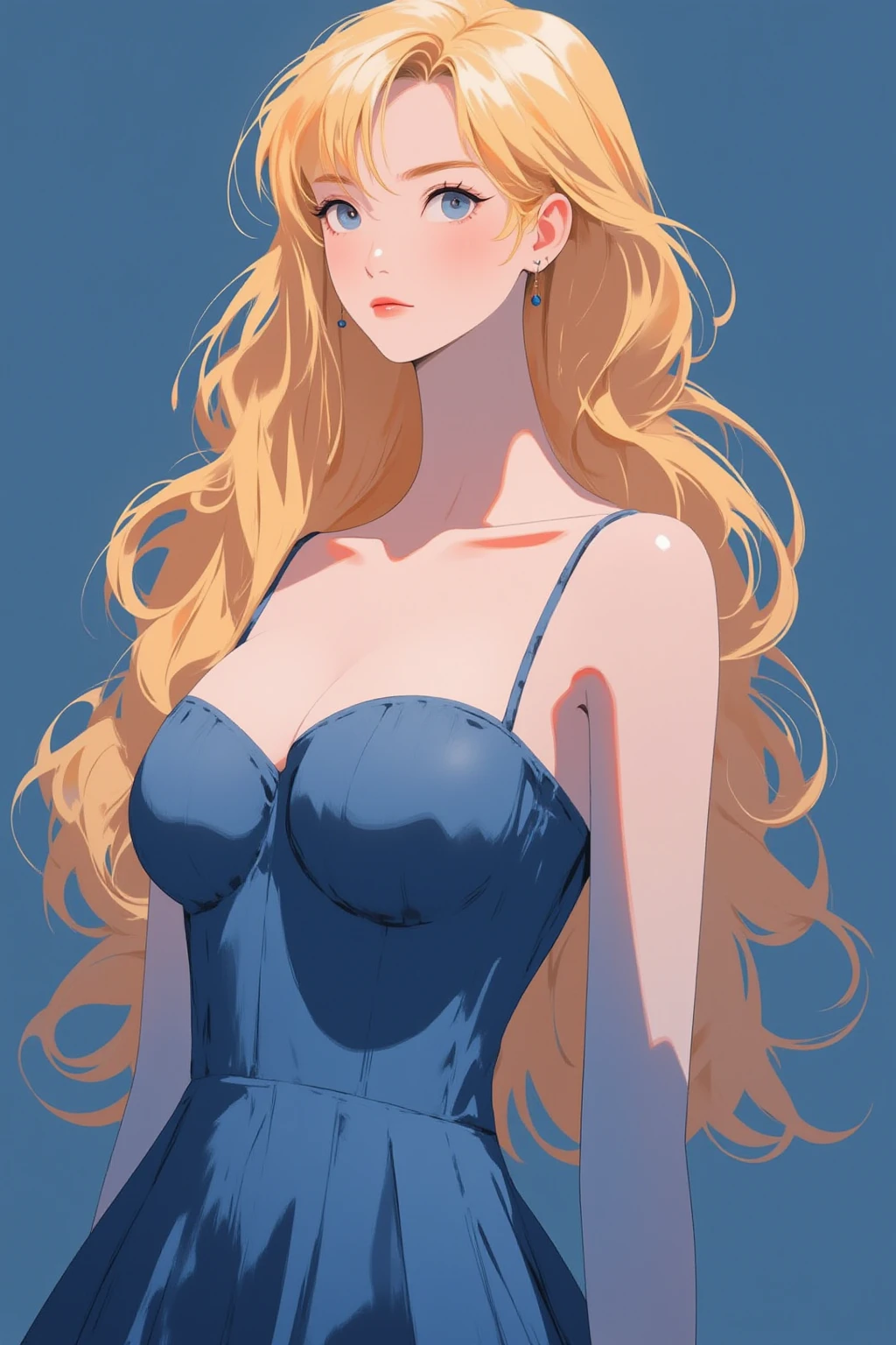 flat pic,huge breasts, 1girl, long_hair, gold hair, blue_eyes, Evening dress,standing, simple_background, upper_body,