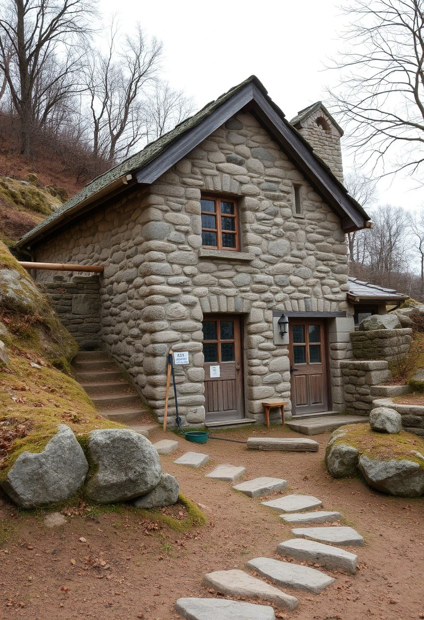 stone house realistic style, merging with the environment, dug into the ground on scats