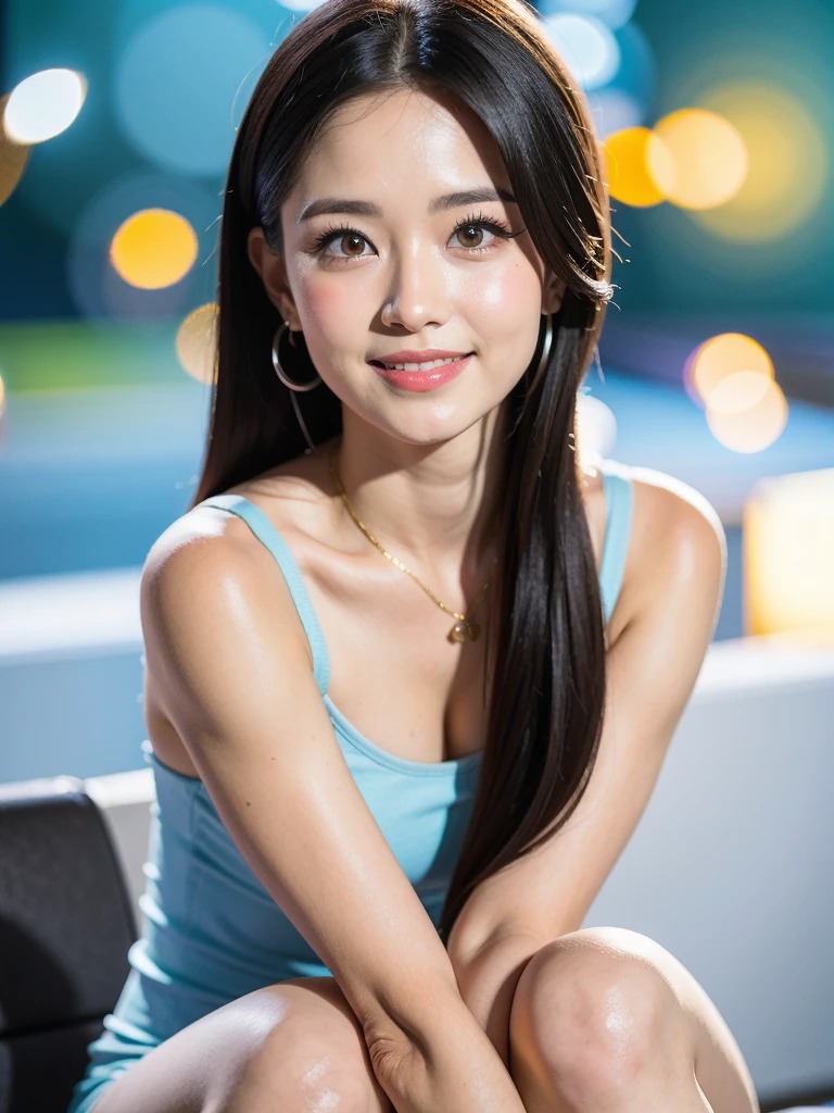 (((A very beautiful full moon night sky)))、((An 18-year-old girl with a very cute face like an idol))、Smiling Kindly、Cleavage、(Cinema lighting)、Artistry、(Facial and body depictions that are indistinguishable from real life)、masterpiece