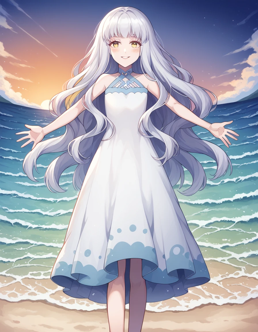 score_9, score_8_up, score_7_up, source_anime, <lora:norn-aion-s1-ponyxl-lora-nochekaiser:1>, aion, long hair, very long hair, yellow eyes, white hair,, dress, bare shoulders, white dress,, beach, sunset, walking along shore, footprints in sand, waves, peaceful, smile, <lora:incoming-hug-ponyxl-lora-nochekaiser:1>, incoming hug, looking at viewer, reaching, reacing towards viewer, outstretched arms,, bedroom, smile, blush, parted lips, looking at viewer, solo,, dutch angle, cowboy shot