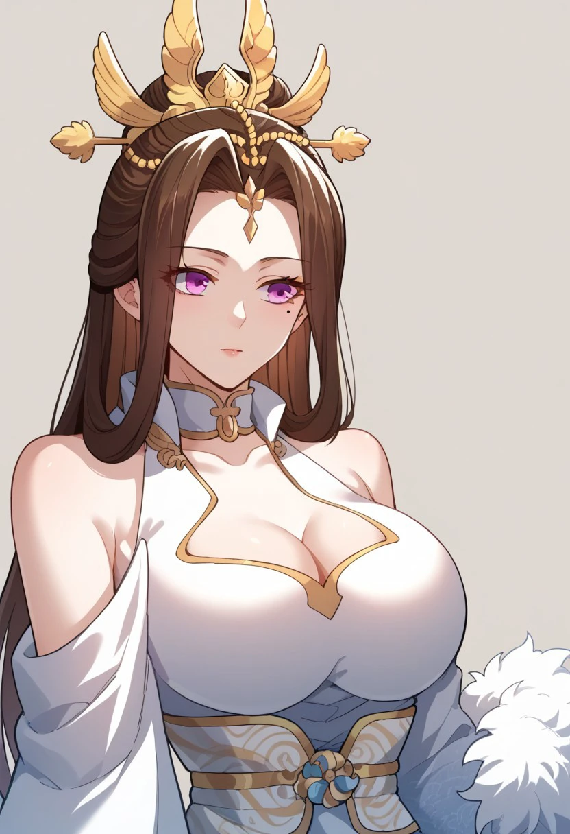 score_9, score_8_up, score_7_up, score_6_up, source_anime, Luo wuqing, white dress, brown hair, purple eyes, mole under eyes, hair ornament, bare shoulder, cleavage, detached sleeves, fur trim