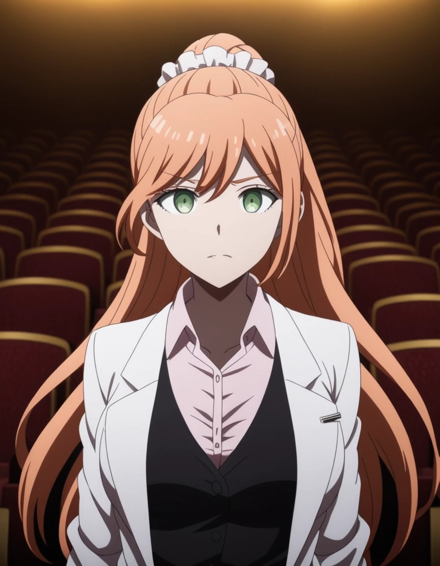 masterpiece, best quality, <lora:Chisa_Yukizome_SDXL:1>, This anime screencap is from Danganronpa the Animation. ,  .  ((orange hair)), ((long white coat)), Chisa Yukizome wearing her uniform from Danganronpa 3 future arc. Chisa has green eyes and light brown hair in a ponytail with a pink scrunchie.  She wears a long white coat with a Future Foundation logo pin on its lapel, a light pink dress shirt with an open collar, a black vest, and a black skirt. Chisa is trapped in a haunted movie theater on Halloween, where the films come to life and the audience is held captive. She must navigate the ever-changing genres and storylines, confronting the theater's ghostly projectionist and freeing the captive moviegoers.