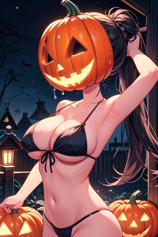 ((pumpkin head)), ((pumpkin mask)), ((faceless)), 1girl, peeking out, bikini, thong, large breasts, sweat, wet, trick or treat, halloween festival, pov doorway, outdoors, profile, looking at viewer, black hair, ponytail, armpits, arms behind head, tree, <lora:girllikepumpkinhead:0.8>