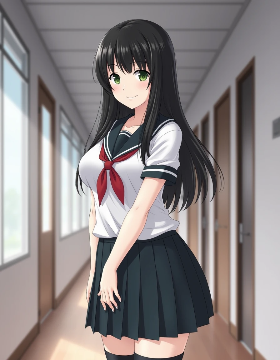 <lora:classpresident1-flux:1> (claspres1:1), This is a photo of a young Japanese woman with long, straight black hair with bangs, and green eyes. She is standing in a school hallway. She wears a school uniform consisting of a short-sleeved blouse and a pleated skirt. Her blouse is tied in the back, and she has thigh-high socks. She has a mature figure and large breasts. she is smiling slightly.