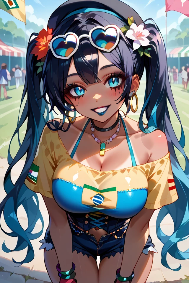 score_9, score_8_up, score_7_up, source_anime, (16k), masterpiece, absurdes, highly detailed, highres, high quality, 1girl, (solo), vocaloid, outdoors, cherry blossoms, cowboy shot, standing, looking at you, hatsune miku, (brazilian miku), absurdly long hair, twintails, dark skin, hair flower ornament, hoop earrings, sunglasses, eyewear on head, yellow shirt, single bare shoulder, short sleeves, midriff, belly chain, brazil flag print, blue bikini, halterneck, highleg bikini, side-tie bikini bottom, bikini under clothes, denim shorts, open shorts, tanlines, bracelet, necklace, sandals, (close-up), shiny skin, smile, parted lips, (seductive smile), sexy, erotic, tanned, (brazil flag print), (yellow shirt), smile, <lora:Brazilian Miku PonyXL-10:0.7>, <lora:Add Detail Tweaker X:0.7>, dark-skinned female, goth fashion, aesthetic, goth girl, black hair, glowing crystals, grin, big eyes, dutch angle, (big lips:0.6), (close up:1.2), portrait, huge breasts, spikes, shiny skin, dark lipstick, round breasts, sexy dress, multicolored hair, two-tone hair, piercing, ear piercing, cleavage, parted lips, perfect face, perfect eyes, perfect body, slit pupils, Dark beauty, Dark beauty, smeared red makeup under eyes, black-and-white striped outfit, heart symbols on sleeves, red and white balloons, gothic mime style, black beret, pale skin, (icy blue eyes), dark eyeliner, melancholic expression, seated, knees pulled close to chest, arms resting on knees, corset top, black gloves, carnival theme, eerie atmosphere, haunting elegance, emotional intensity, <lora:dark_beauty:1>