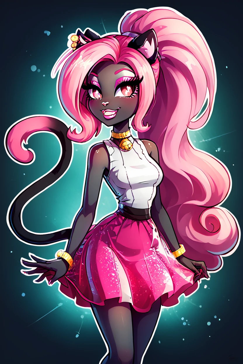 score_9, score_8_up, score_8, medium breasts, (curvy), cute, eyelashes,       ,,, , ,,, zzCattyNoir, pink eyes, pink eyeshadow, long hair, pink hair, ponytail, tail, very long hair, black skin, cat ears, cat tail, makeup, sleeveless, pink skirt, idol, jewelry, eyeshadow, high heels, lipstick,  <lora:CattyNoir_MH_PDXL:1.0>,     ,,,, BREAK, smile, looking at viewer, ,,, abstract background, white outline, cowboy shot, ,,, embedding:zPDXL, Expressiveh, ,,, <lora:theOtherHalfPDXL:0.8>, <lora:CatalystStylePDXL:0.6>, <lora:SDXLFaeTastic2400:0.5>, <lora:Expressive_H-000001:0.4>,