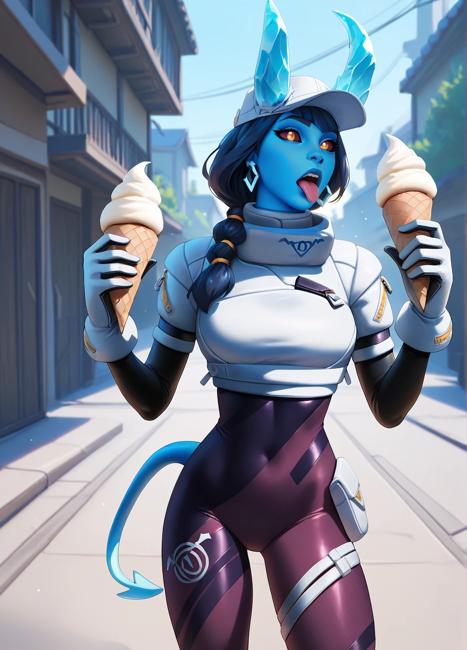 fnshiver, cap, crop top, gloves, bodysuit, demon girl, single braid, earrings, horns, colored sclera, blue skin, tail, outdoors, ice cream cone, holding, open mouth, tongue out <lora:FN_Shiver-PONY:0.8>, score_8_up, score_7_up, score_6_up, score_5_up, score_4_up,