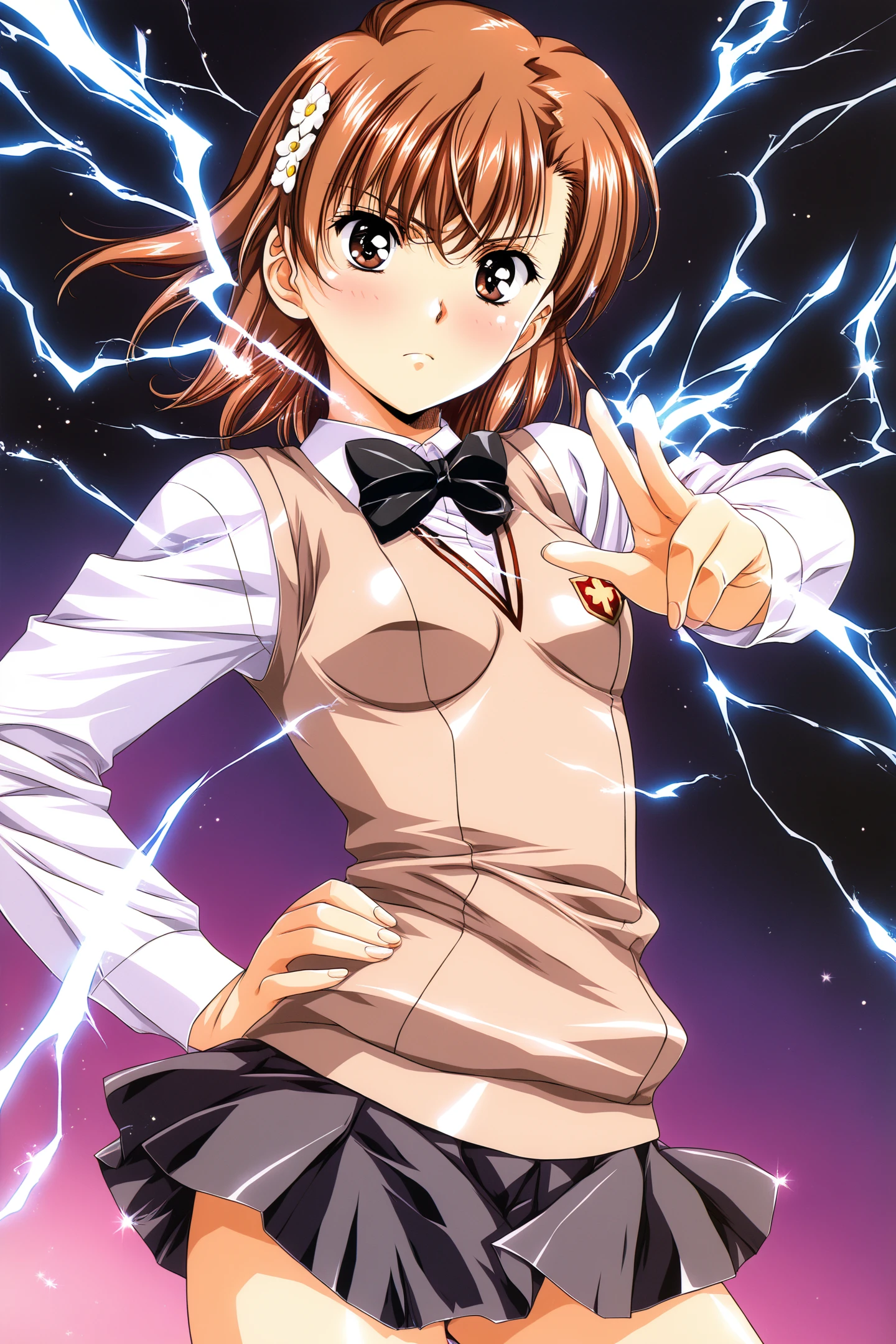 1girl,misaka mikoto,skirt,solo,brown hair,brown eyes,hair ornament,bow,pleated skirt,looking at viewer,short hair,hand on hip,bowtie,school uniform,tokiwadai school uniform,electricity,long sleeves,bangs,black skirt,blush,shirt,breasts,cowboy shot,closed mouth,hair flower,white shirt,sweater vest,electrokinesis,black bow,black bowtie,thighs,Old Version,retro artstyle,
<lora:Urushihara Satoshi_illustriousXL:0.8>,