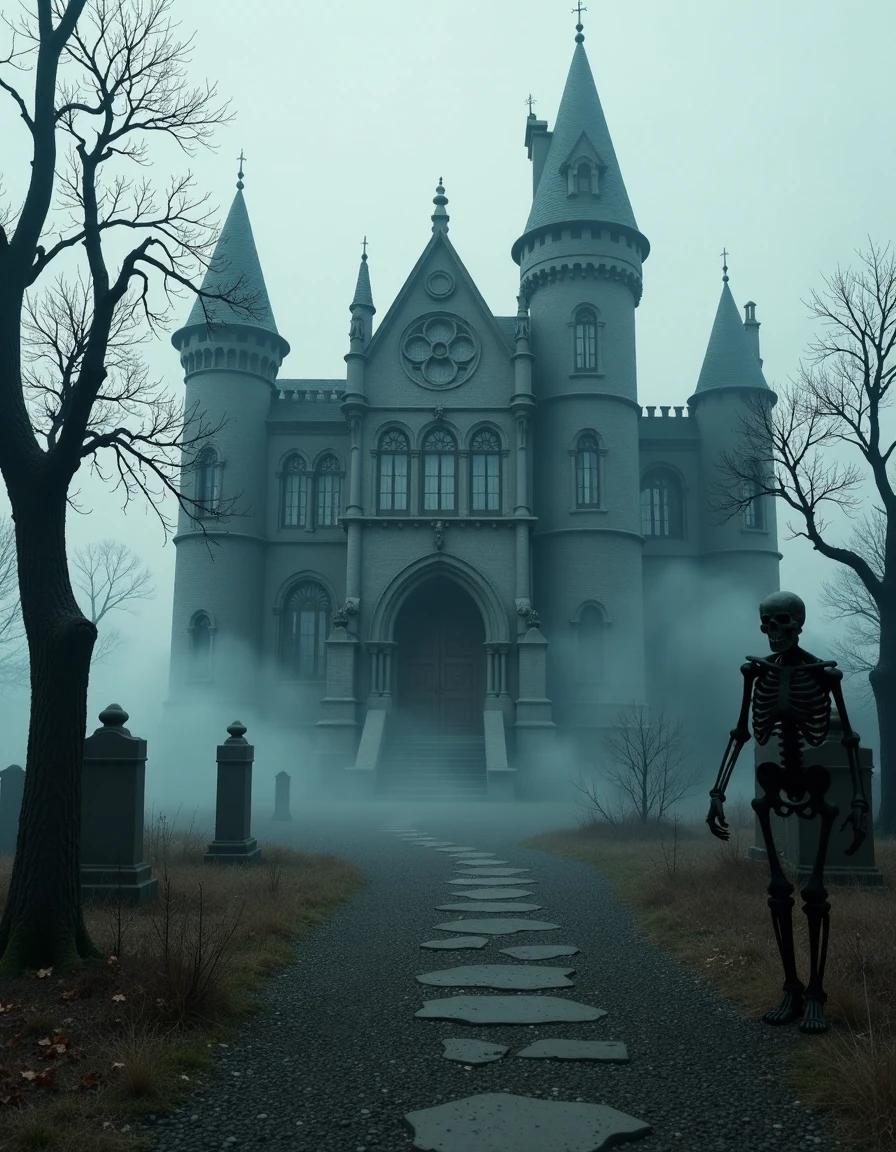 <lora:spooky-haunted-house:1> a scary mystical vampire  castle with big ornamental gates, surrounded by fog, cemetery and crooked black trees. In the foreground is a scary ghostly skeleton