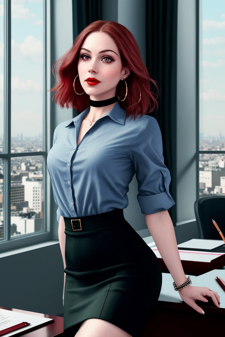 chrisapple-320,  ((detailed eyes, detailed face, masterpiece, best quality, high resolution):1.2),  ((red lipstick, blush)), ((fully clothed, modest)), , ((dark red hair)), , 1girl, solo, hoop earrings, bracelets, beautiful photograph, dreamy, surreal, trending, art deco, , a photo of a woman, ((detailed eyes, detailed face, award winning, high resolution, masterpiece, best quality, extremely detailed)), (red lipstick, eye shadow, eyeliner, pale skin), ((office, desk, high rise building, windows)), pencils, papers, ((modest, conservative)), (dress shirt, skirt, thighhighs, choker)