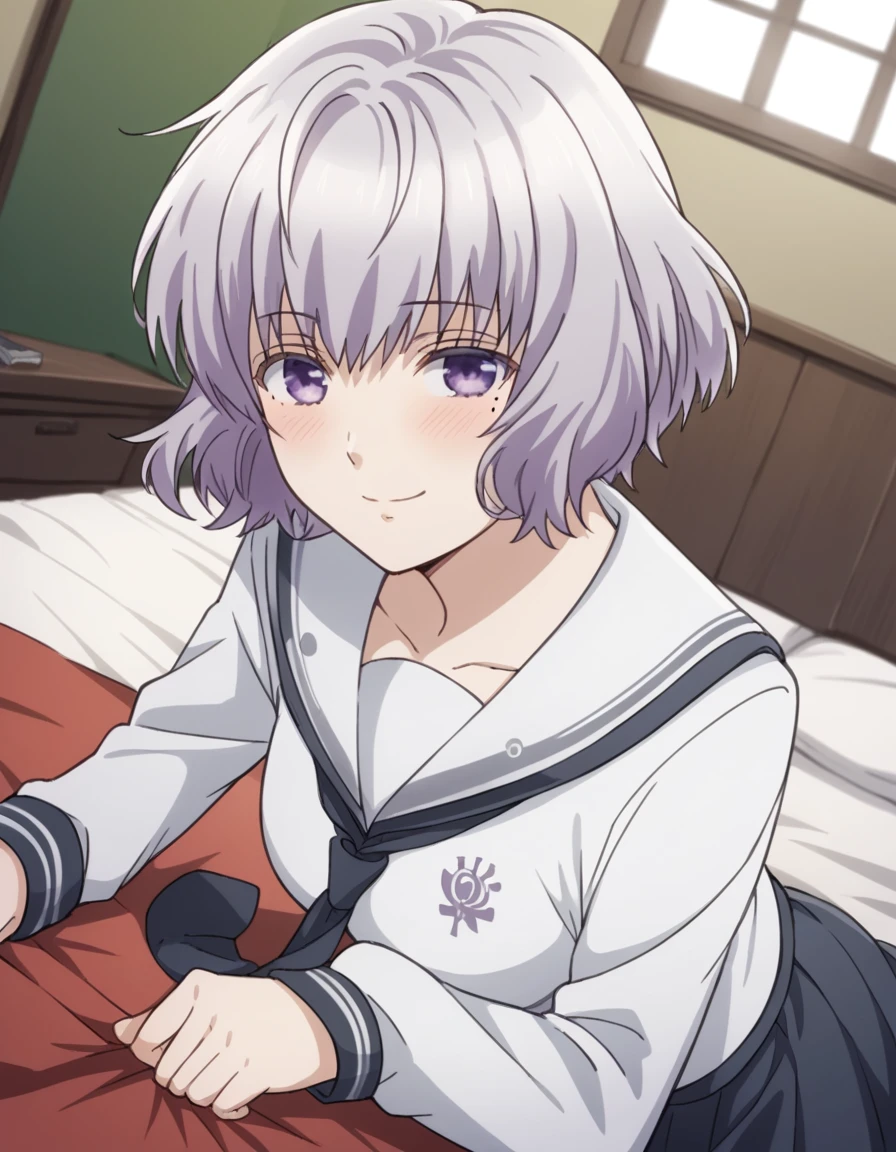 score_9, score_8_up, score_7_up, source_anime, <lora:nanami-shiranui-s1-ponyxl-lora-nochekaiser:1>, nanami shiranui, short hair, bangs, purple eyes, grey hair, mole, mole under eye, medium breasts,, skirt, long sleeves, school uniform, necktie, serafuku, sailor collar,, indoors, bed, bed room, on side, blush, drunk,, , smile, looking at viewer, solo,, dutch angle, cowboy shot