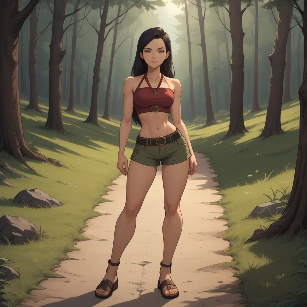 score_9, score_8, BREAK, solo, black hair, black eyes, long hair, lips, midriff, navel, short shorts, belt, sandals, halterneck, crop top, breasts, total drama, Heather_(Total_Drama), sexy pose, smile, outdoors, sunlight, shadows, evening lighting, natural lighting, forest, trees, grass, orange sky, sunset