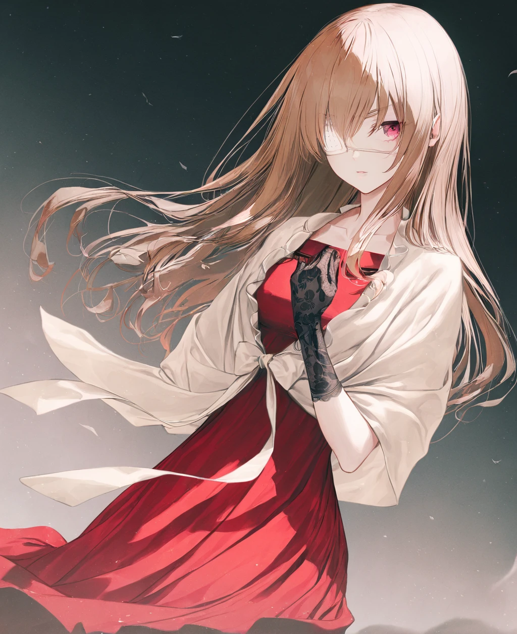 masterpiece,best quality,very aesthetic,absurdres, artist:gomzi,artist:wanke,
1girl, noel cerquetti, red eyes, blonde hair, long hair, medical eyepatch, left eye covered, left arm missing,
white jacket, tied jacket, red dress, frilled dress, lace gloves
 <lora:noel_cerquetti.noobaixl:1>