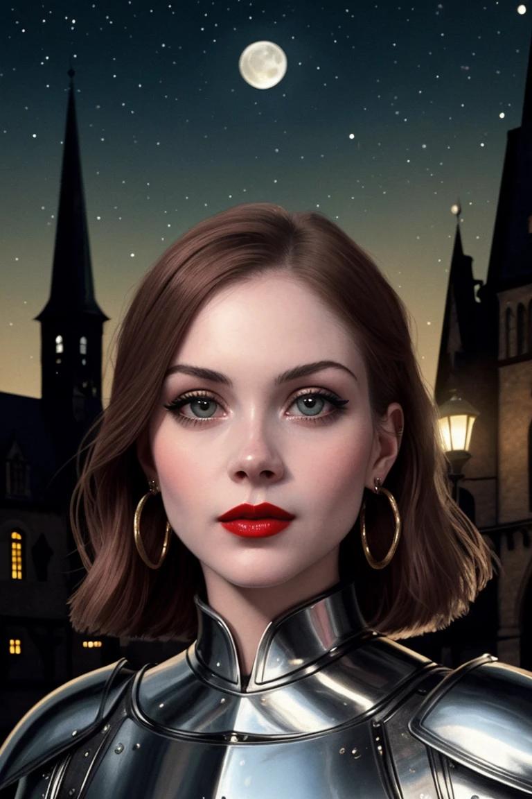 chrisapple-320,  ((detailed eyes, detailed face, masterpiece, best quality, high resolution):1.2),  ((red lipstick, blush)), ((fully clothed, modest)), , ((dark brown hair)), , 1girl, solo, hoop earrings, bracelets, beautiful photograph, dreamy, surreal, trending, art deco, , a photo of a woman, ((detailed eyes, detailed face, award winning, high resolution, masterpiece, best quality, extremely detailed)), (red lipstick, eye shadow, eyeliner, pale skin), ((medieval armor, armor plate, medieval town, dragon head, medieval buildings, sword, at night, moon)), ((modest, conservative)),