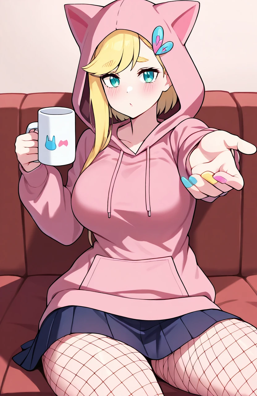 masterpiece, best quality, good quality, newest, MinervaR0, aqua eyes, swept bangs, asymmetrical hair, blonde hair, large breasts, long hair, heart hair ornament, single sidelock, baggy hoodie, skirt, fishnet leggings, cowboy shot, holding mug, sitting on couch, reaching towards viewer, one arm extended, hood up, cat hood, fake animal ears, nail polish, beckoning