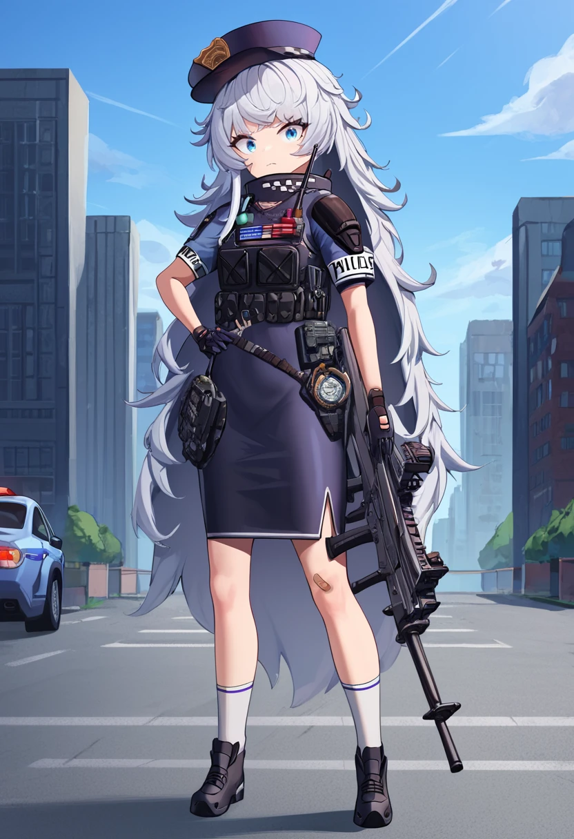 score_9,score_8_up,score_7_up, rating_general, masterpiece, source_anime, zPDXL2, city background, exterior, new york city, police car, police siren, police light,  BREAK,  <lora:Poli-000005:1>, zpoliorigin, 1girl, zpolia_outfit,  solo, long hair, looking at viewer, bangs, blue eyes, skirt,  gloves, hat, white background, holding, very long hair, closed mouth, standing, full body, weapon, white hair, short sleeves, shoes, black gloves, socks, black skirt, black footwear, holding weapon, hand on hip,  holding polipoli_rifle, white socks, holding gun, bandaid, rifle, handgun, pencil skirt, assault rifle, police, bandaid on leg, police uniform, bandaid on knee, policewoman, holstered weapon, walkie-talkie