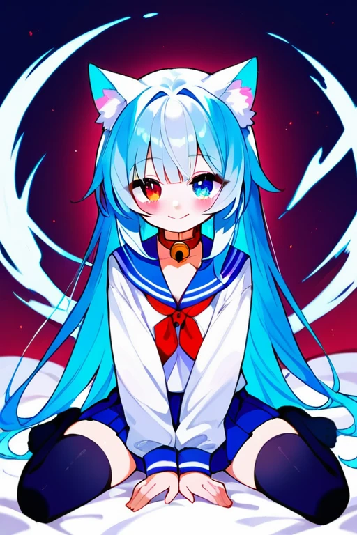 zPDXL3, score_9, score_8_up, score_7_up, heterochromia, younger, white hair, 1girl, animal ears, bangs, bell, blue eyes, blue hair, blue sailor collar, blue skirt, bow, cat ears, choker, closed mouth, collar, eyebrows visible through hair, glowing, jingle bell, long hair, long sleeves, neck bell, neckerchief, pleated skirt, red bow, red collar, sailor collar, serafuku, shirt, sitting, skirt, smile, solo, thighhighs, very long hair, white sailor collar, <lora:Shiro:1>,