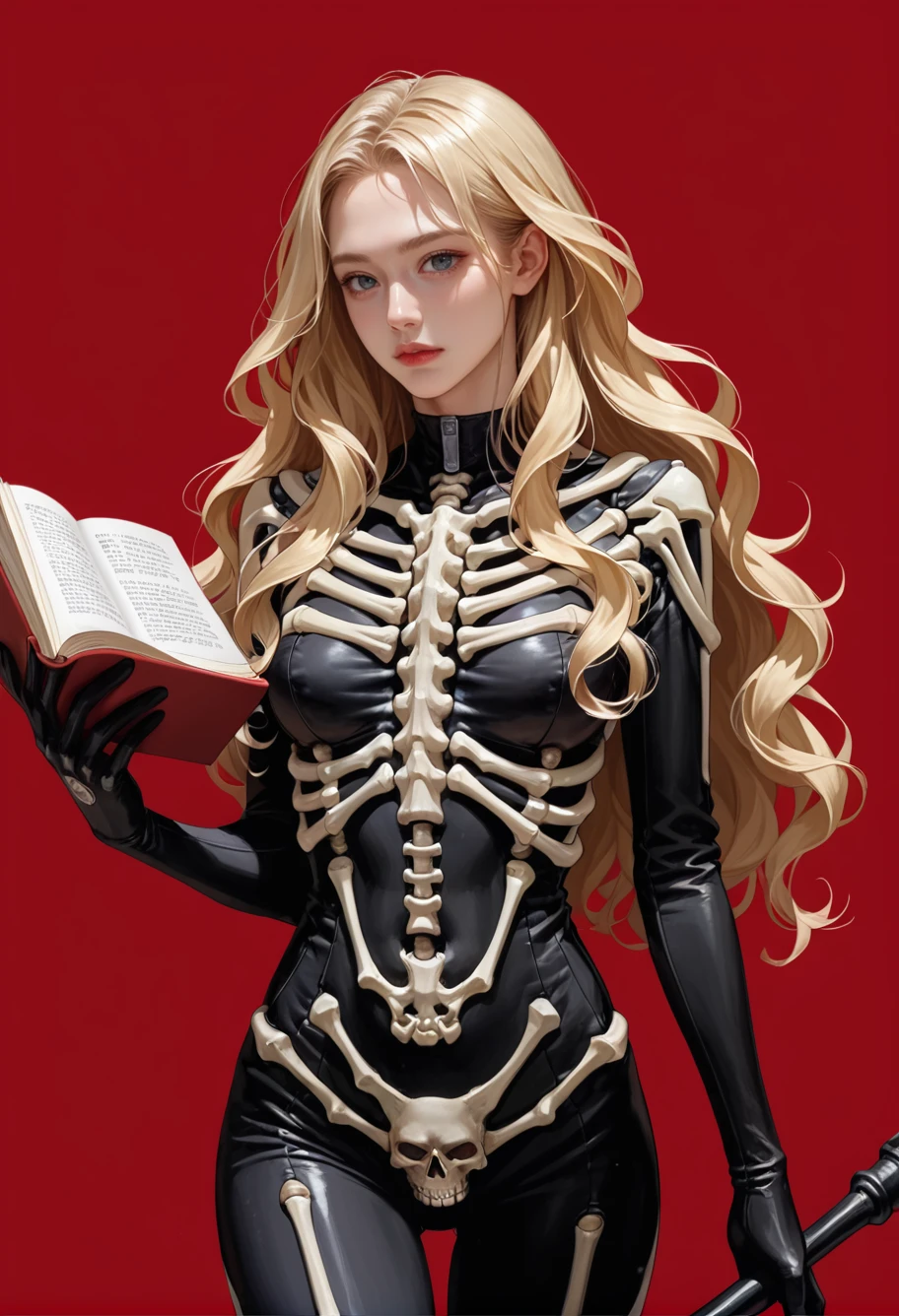 1girl,red background,,ruanyi1917,bodysuit,skeleton,ribs,
cowboy shot,holding scepter,holding book,<lora:1917 skeleton jumpsuit_v1_pony:1>, score_9,score_8_up,score_7_up,,8k,1girl,solo,,, blonde hair,long hair,wavy hair,