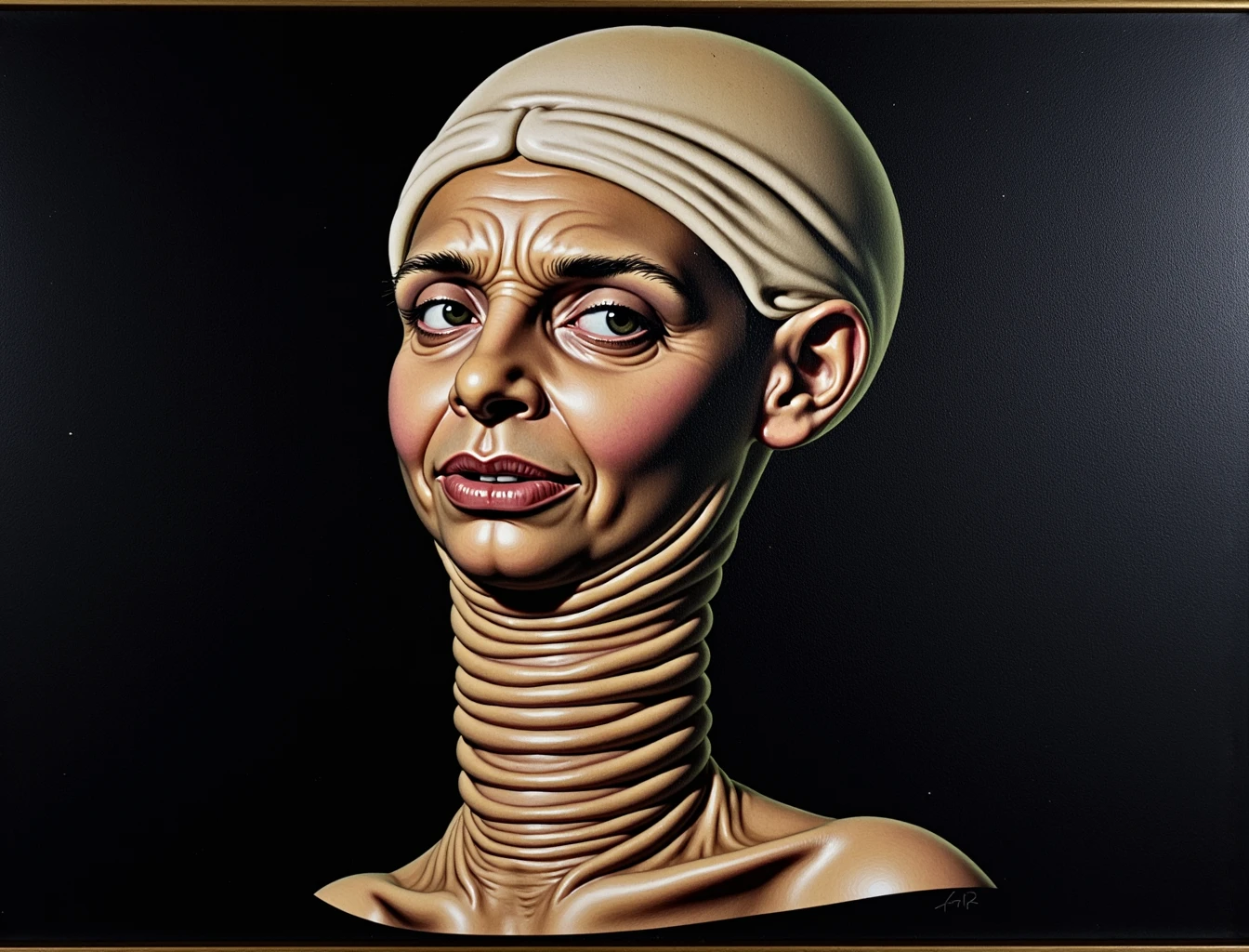 An acrylic on black velvet painting of your mother with an extended wrinkly neck and a ridiculous glans penis cap at the exact moment where she is finally realizing that not aborting you was a self-inflicted error and she should eat you alive like the religious manual describes. Rough textures. Jaggy.