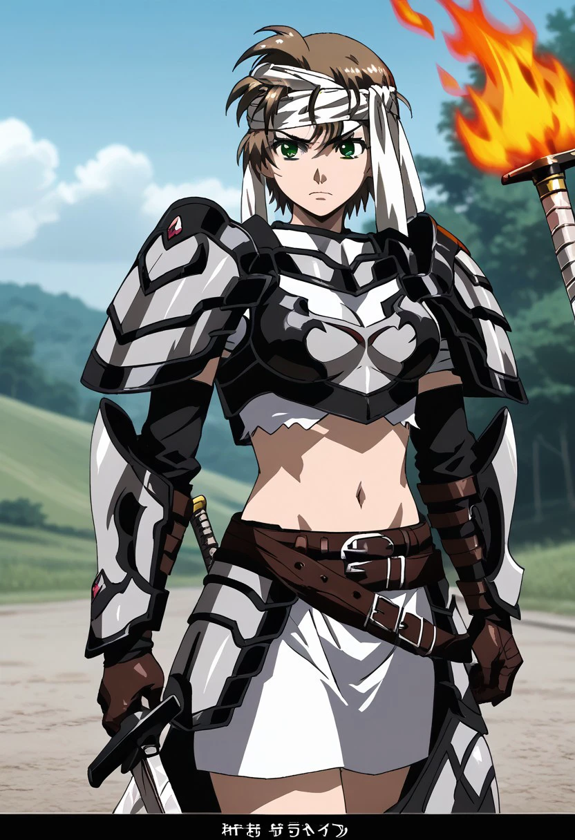 score_9, score_8_up, score_7_up, 
k4rl4m1n3 ,Karlamine ,
1girl, solo, short hair, brown hair, gloves, 1boy, navel, holding, green eyes, weapon, male focus, outdoors, midriff, belt, sword, armor, headband, parody, fire, fake screenshot, anime coloring