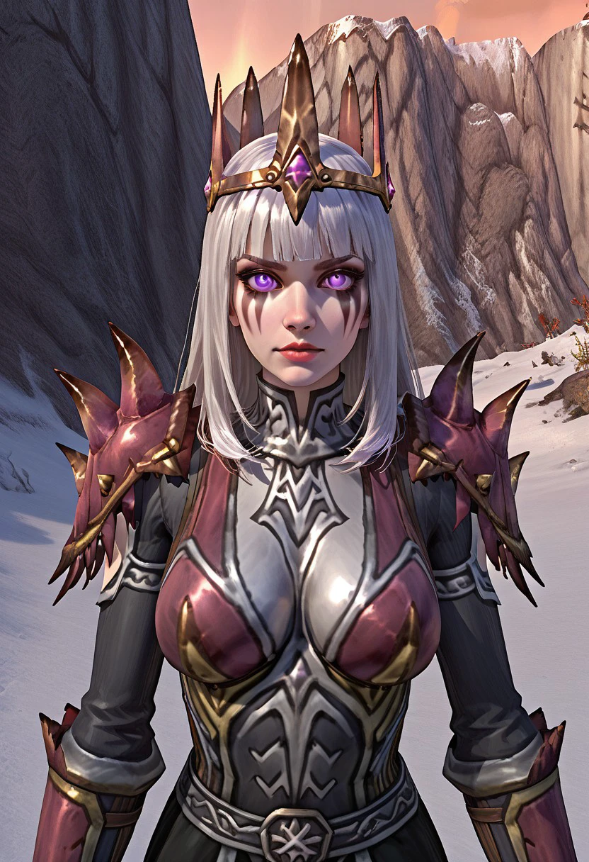 1girl. solo, upper body, frigid-necromancer, female focus, dynamic angle, white hair, blunt bangs, long hair, large breasts, shoulder armor, pointed helmet, crown, pointed shoulder pads, black dress, red gloves, gauntlets, spikes, armor, purple eyes, luminous eyes, bright eyes, glowing eyes, pale skin, face paint, looking at viewer, snowy mountain, tundra, blizzard, outdoors, Score_9, Score_8_up, Score_7