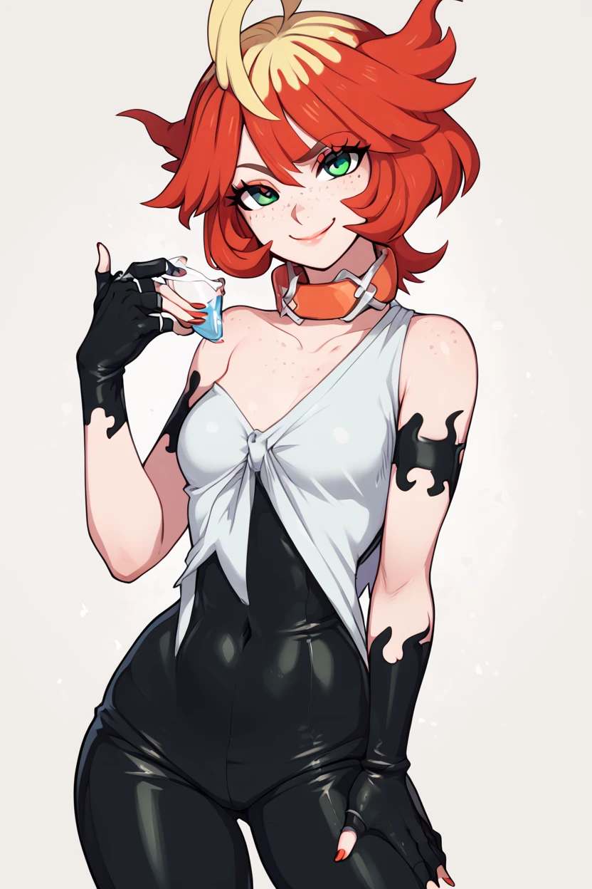 score_9, score_8_up, score_8, medium breasts, (curvy), cute, eyelashes,       ,,, , ,,, zzMela, green eyes, ahoge, freckles, red hair, blonde hair, multicolored hair, two-tone hair, short hair, black gloves, collar, fingerless gloves, bare shoulders, black bodysuit, nail polish, collarbone, <lora:Mela_Pokemon_PDXL:1.0>,   ,,,, BREAK, <lora:Afrobull_PDXL_v5:0.8>,  ,,, BREAK, smile, looking at viewer, closed mouth, cowboy shot,  ,,, embedding:zPDXL, Expressiveh, ,,, <lora:SDXLFaeTastic2400:0.5>, <lora:Expressive_H-000001:0.4>,