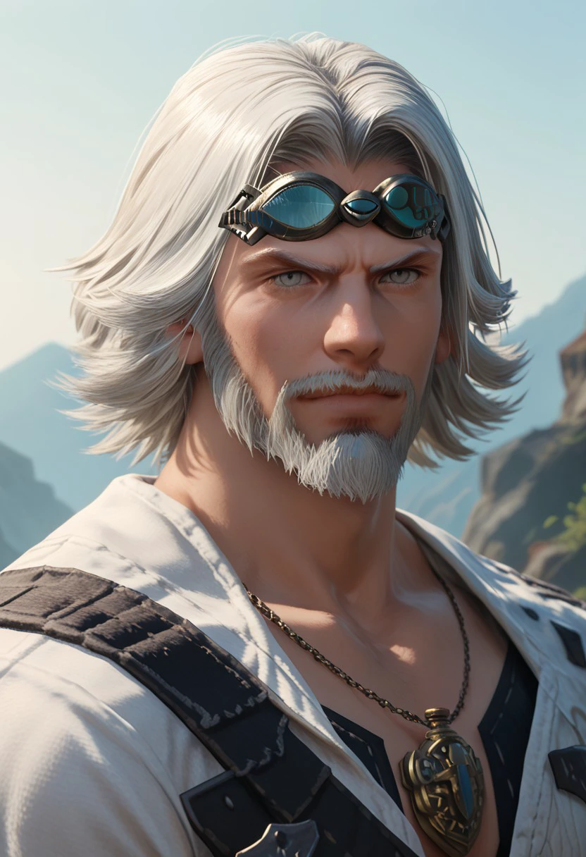 cid nan garlond, 1boy, male focus, grey eyes, facial hair, beard, solo, goggles, white hair, goggles on head, jewelry, mustache, necklace, upper body, sky, looking at viewer, outdoors, source_anime, score_9, score_8_up, score_7_up, score_6_up, score_5_up, score_5_up, score_4_up