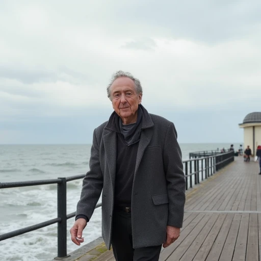 an image of actor Eric Idle walking along a seaside pier