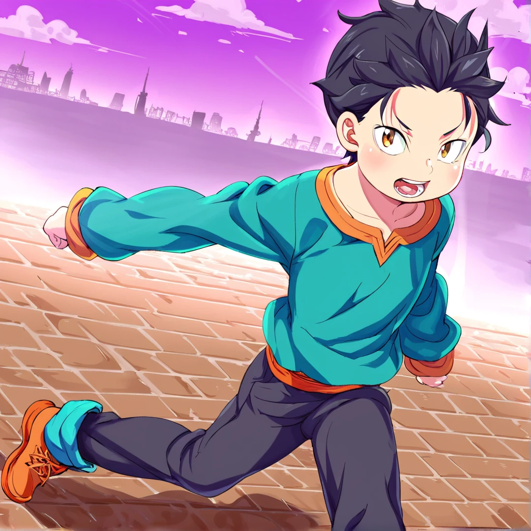 <lora:Natsuki Subaru:1>, subaru(child), is a child, wears an green shirt with rolled sleeves and a yellow collar, a yellow band serving as a makeshift belt, black jeans, solo, in a city, walking, looking at viewer