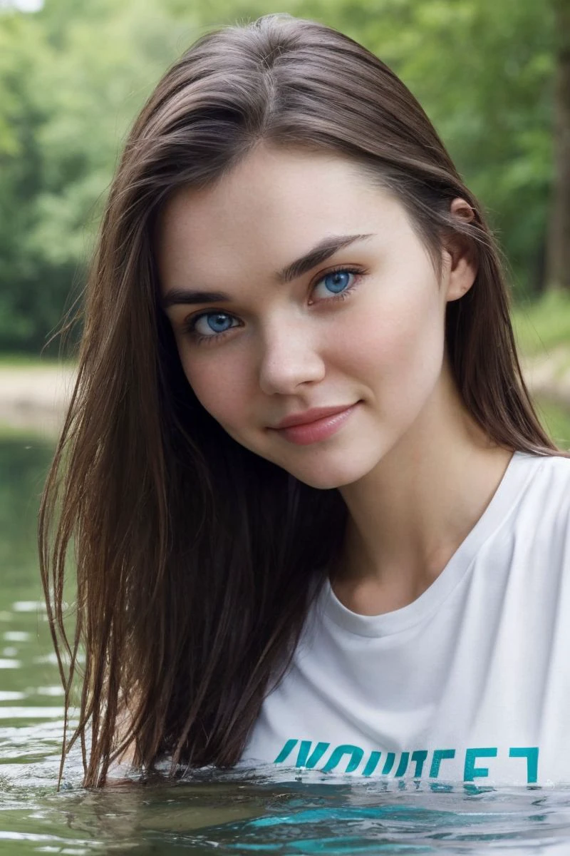 closeup headshot of S575_PolinaKadynskaya,a gorgeous woman,swimming in a (forest pond),wearing a (t-shirt),(wet hair),(4k, RAW photo, best quality, 50mm, depth of field, ultra high res:1.1),(intricate, photorealistic, cinematic-shot, masterpiece, ultra-detailed:1.1),