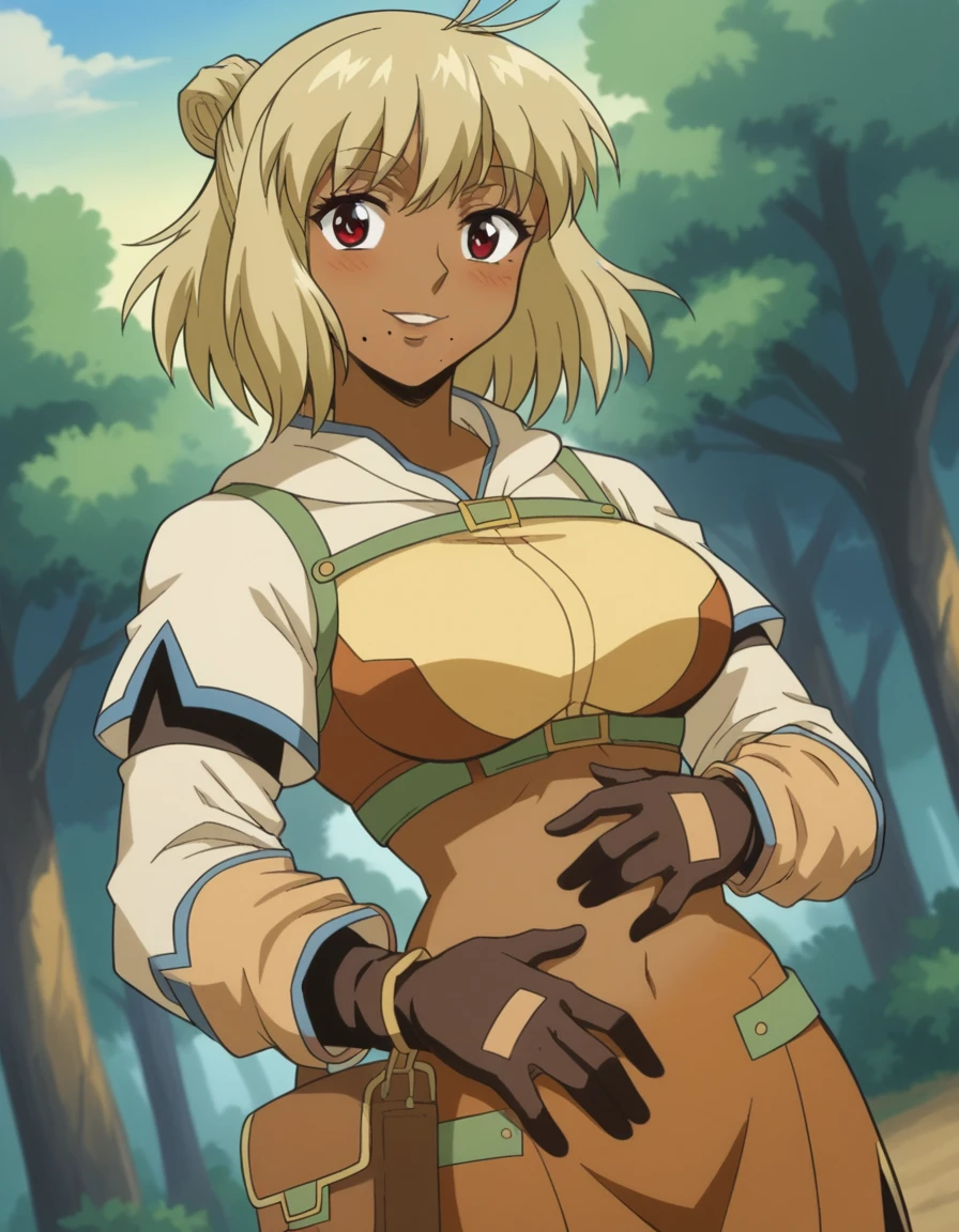 score_9, score_8_up, score_7_up, source_anime, <lora:ragnarok-judia-s1-ponyxl-lora-nochekaiser:1>, ragnarok judia, short hair, bangs, blonde hair, red eyes, dark skin, hair bun, dark-skinned female, antenna hair, mole, mole under mouth, large breasts,, gloves, long sleeves, dress, bag, cropped jacket, pink jacket,, bike ride, countryside, dirt road, trees, afternoon sun, peaceful, alone, smile, hand on stomach, blush,, looking at viewer, solo,, dutch angle, cowboy shot