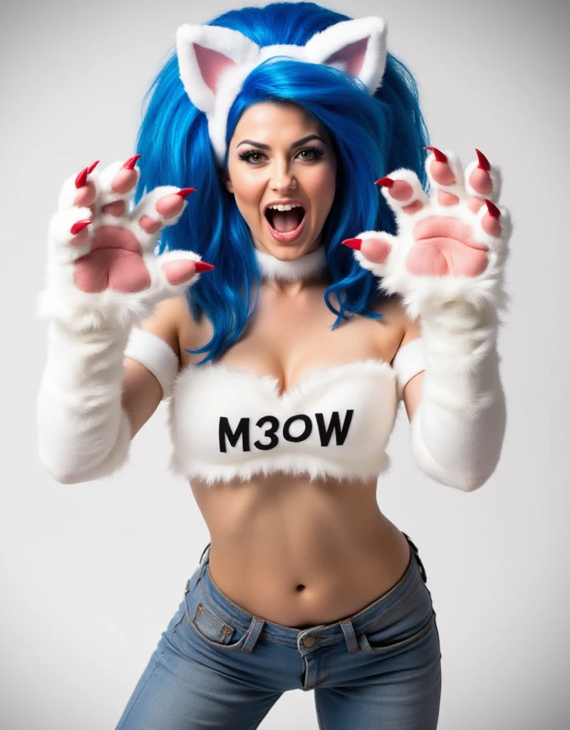 Felicia, a woman with blue hair and cat ears, white fur and red claws. She wears a with croptop with the text "M3OW" and tight jeans. She roars at the viewer<lora:Felicia:0.9>