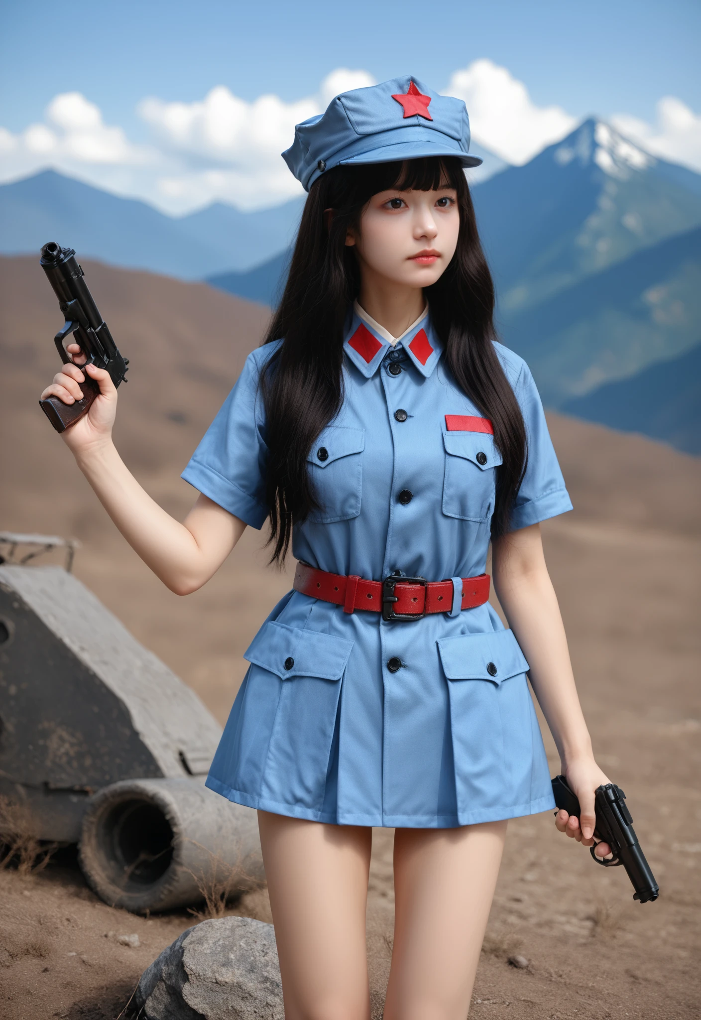 score_9,score_8_up,source_realistic,(1girl),holding gun,strait hair,long hair,bangs,<lora:RedArmy_pony:0.9>,redarmy,military uniform,red collar badge,military cap,belt,shirt,mountains,short sleeves,mini skirt,legs,