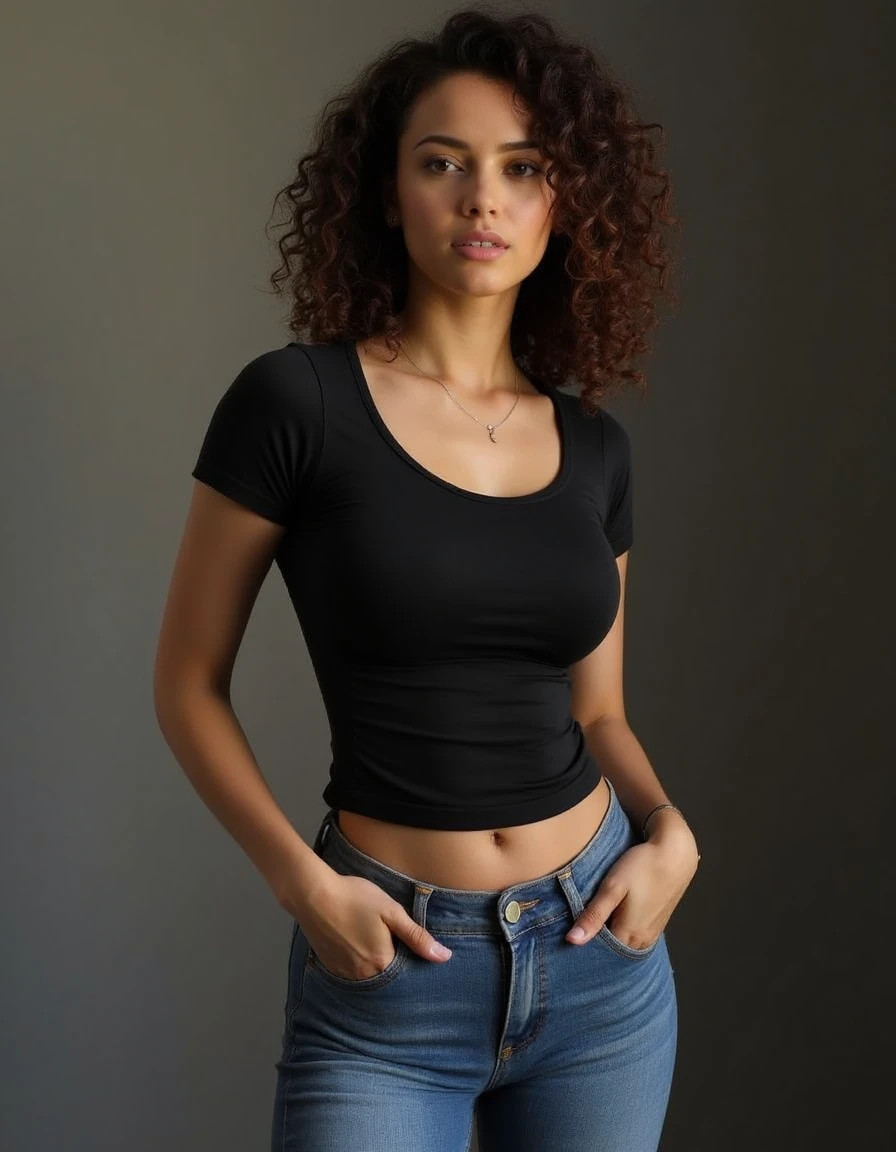 Alaia from USA, female, medium length curly mocca hair, a woman wearing a tt0p <lora:tight-top:1> and jeans, Cinematic photography, movie mood, cinematic light, compelling composition, storytelling elements, conveys emotion, mood, and narrative depth, creating visually striking images that feel like still frames from a film