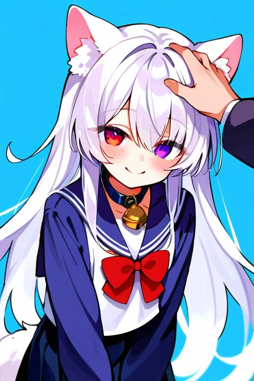 zPDXL3, score_9, score_8_up, score_7_up, heterochromia, younger, white hair, 1girl, animal ears, bangs, bell, blush, bow, closed mouth, collar, eyebrows visible through hair, hair between eyes, headpat, jingle bell, long hair, long sleeves, neck bell, out of frame, pov, purple eyes, red bow, sailor collar, school uniform, shirt, silver hair, blue background, smile, solo focus, tail, very long hair, <lora:Shiro:1>,