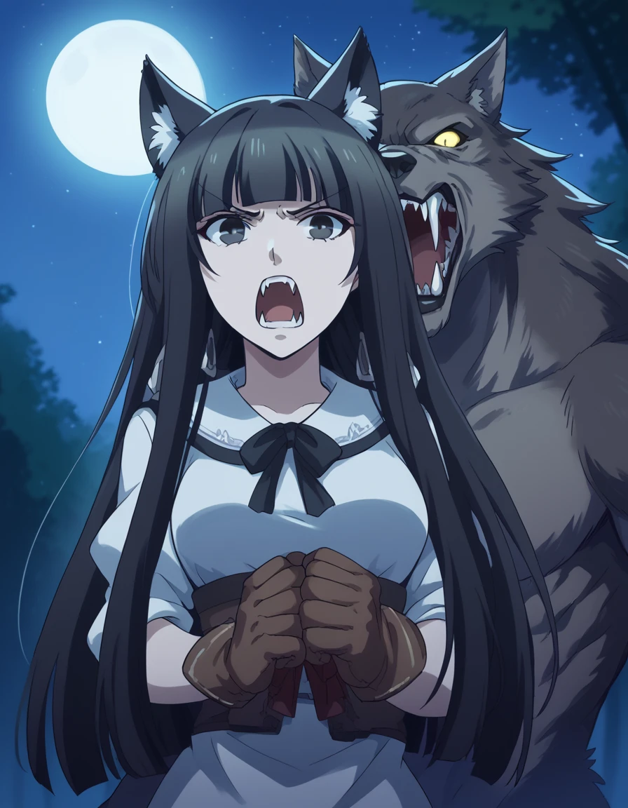 score_9, score_8_up, score_7_up, source_anime, <lora:mikoto-kuga-s1-ponyxl-lora-nochekaiser:1>, mikoto kuga, long hair, bangs, black hair, blunt bangs, black eyes, medium breasts,, <lora:werewolf-ponyxl-lora-nochekaiser:1>, werewolf, furry, fangs, animal ears, gloves, angry, teeth, animal ear fluff,, forest, night, moon, open mouth, , dutch angle, cowboy shot