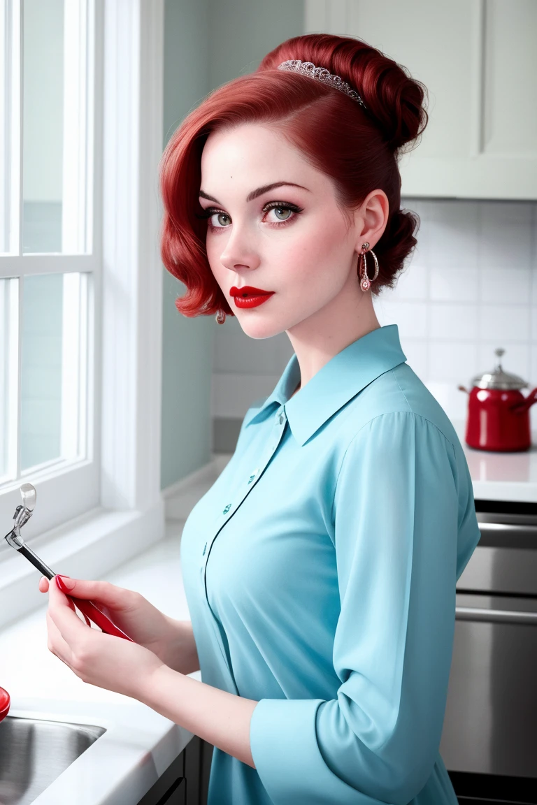 chrisapple-320,  ((detailed eyes, detailed face, masterpiece, best quality, high resolution):1.2),  ((red lipstick, blush)), ((fully clothed, modest)), , ((dark red hair)), , 1girl, solo, hoop earrings, bracelets, beautiful photograph, dreamy, surreal, trending, art deco, , a photo of a woman, ((detailed eyes, detailed face, award winning, high resolution, masterpiece, best quality, extremely detailed)), (red lipstick, blush, pale skin), fifties hairdo, 50s hairstyle, hair up, classic 50s dress, ((modest, conservative)), in a kitchen, home, cooking, making dinner, counter, window, food