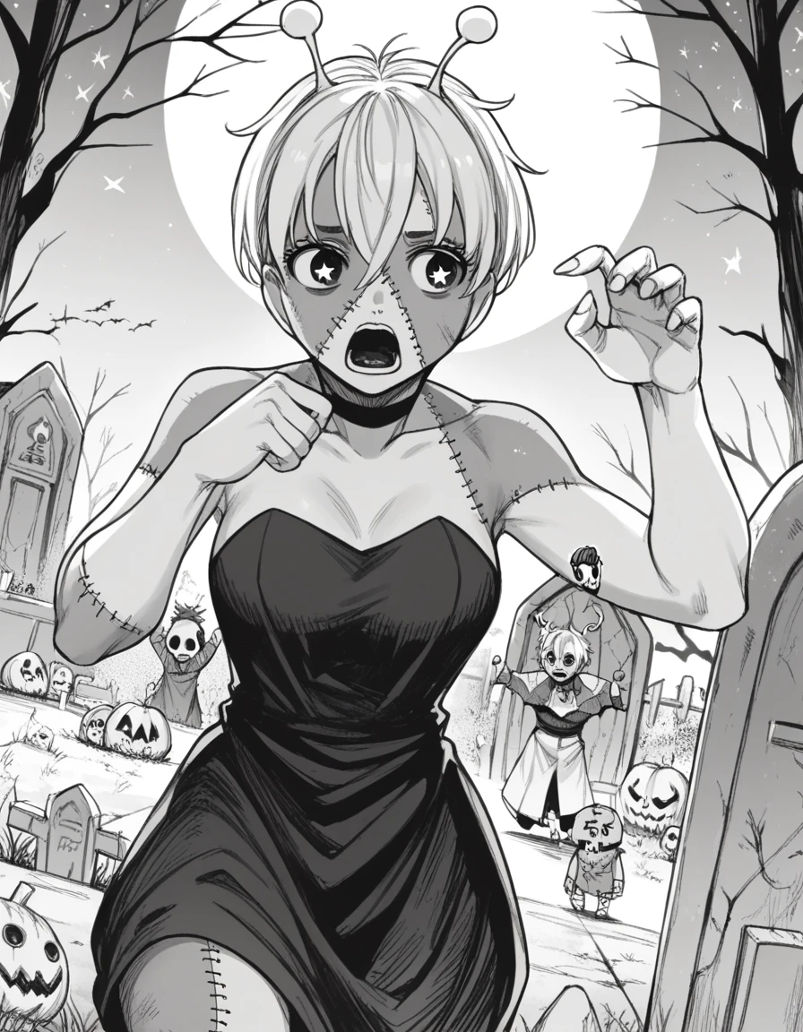 score_9, score_8_up, score_7_up, source_anime, <lora:vamola-manga-ponyxl-lora-nochekaiser:1>, vamola, short hair, bangs, hair between eyes, symbol-shaped pupils, antennae, star-shaped pupils, monochrome, greyscale, medium breasts,, <lora:zombie-ponyxl-lora-nochekaiser:1>, zombie, colored skin, stitches, grey skin, multicolored skin, stitched face, zombie pose, halloween, halloween costume,, night, moon, graveyard, tombstone, grave, open mouth, , dutch angle, cowboy shot