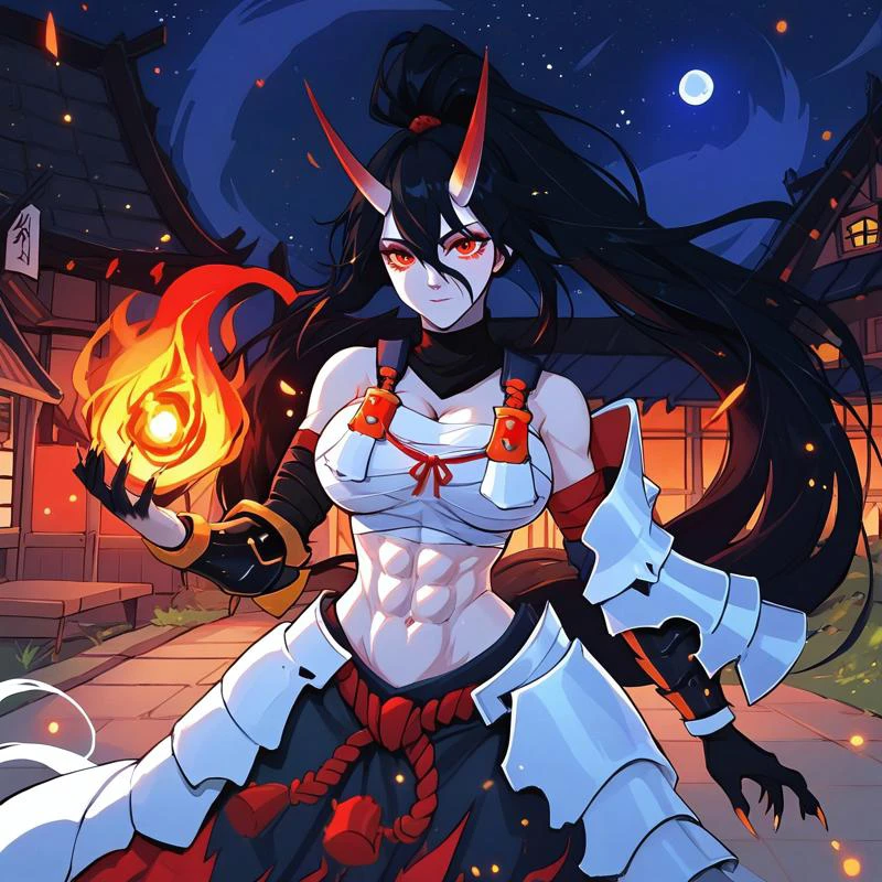 safe_pos, score_9, score_8_up, score_7_up, tamaytka, detail1eye,
1girl, solo,
straight-on shot, panorama,
(standing),
hand up, open hand
Fireball, casting fireball with hand up,
BREAK
(Thicc:1.4), (large breasts:1.4), (wide hips:1.5), (thick thighs:1.2), abs, fit, White skin,
akakage youtou hime, (Black hair), ponytail, (absurdly long hair:1.4),
red eyes, tsurime,
sarashi, bandages, midriff, detached sleeves, (floating armor arm piece:1.5), single gauntlet, faulds, sharp nails, (black hands:1.5),
BREAK
(night), moon, (Japanese village), (darkness:1.4), (Japan night)